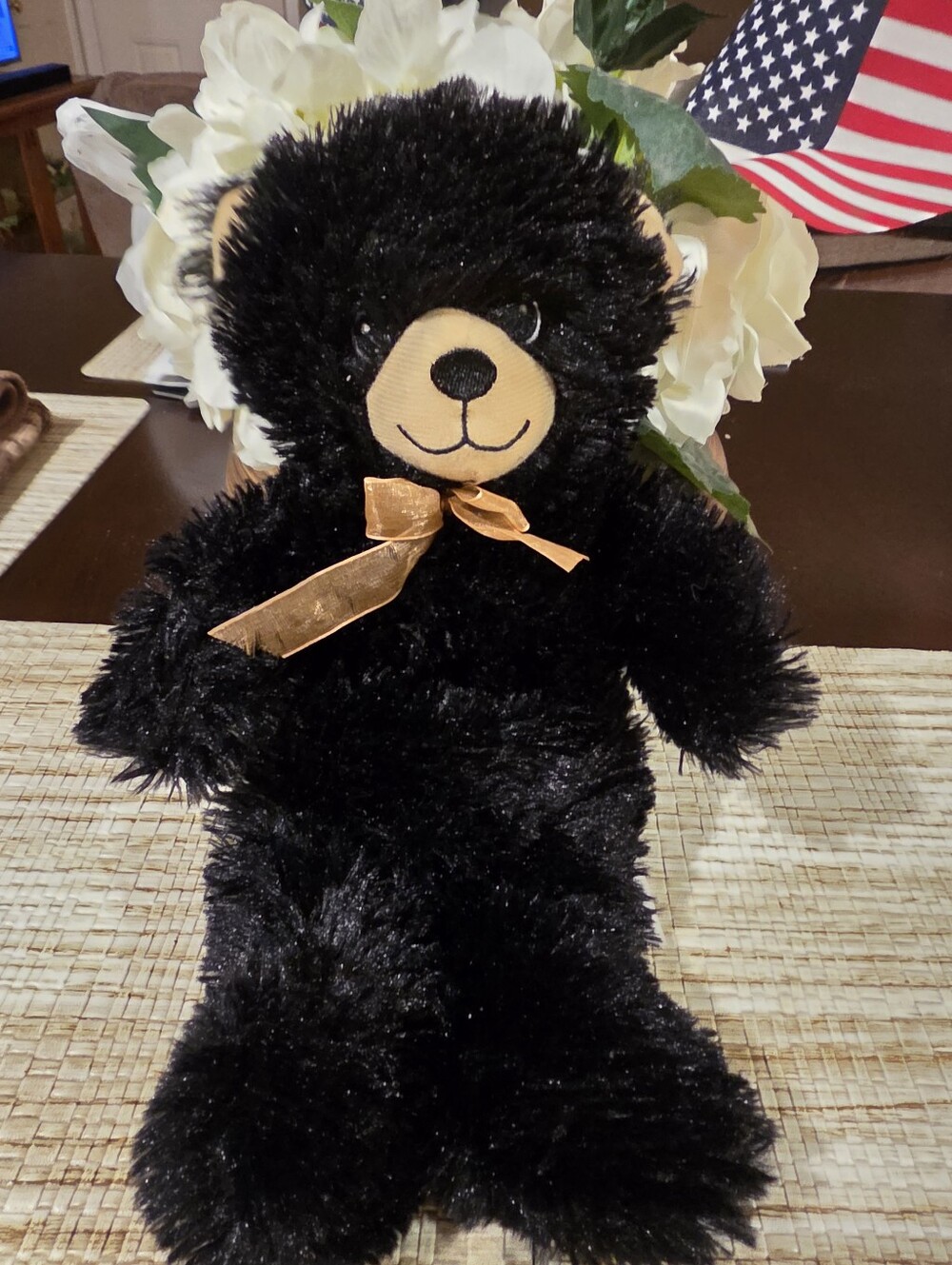 Black Plush Teddy Bear with Gold Bow - Unbranded